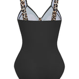 Leopard Patchwork Ruched V Neck Wide Strap One Piece Swimsuit