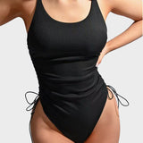 Solid Color Square Neck Adjustable Strap Side Drawstring One Piece Swimsuit