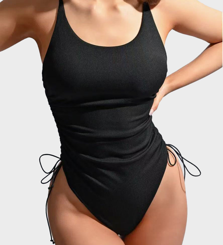 Solid Color Square Neck Adjustable Strap Side Drawstring One Piece Swimsuit