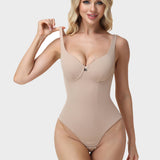 U Neck Wide Strap Lace Panel Thong Bodysuit Seamless Tummy Control Butt Lifting Shaper