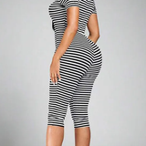 Striped Collar Short Sleeve Capri Skinny Jumpsuit