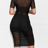 Women's Sexy Mesh See Through Short Sleeve Three Piece Suit