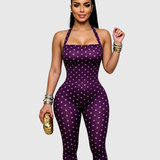 Polka Dot Halter Neck Open Back Skinny Capri Jumpsuit