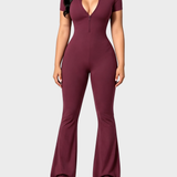 Front Zipper Short Sleeve Ribbed Slim Butt Lifting Flare Leg Jumpsuit