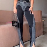 High Waist Contrast Color Skinny Jeans with Front Slit