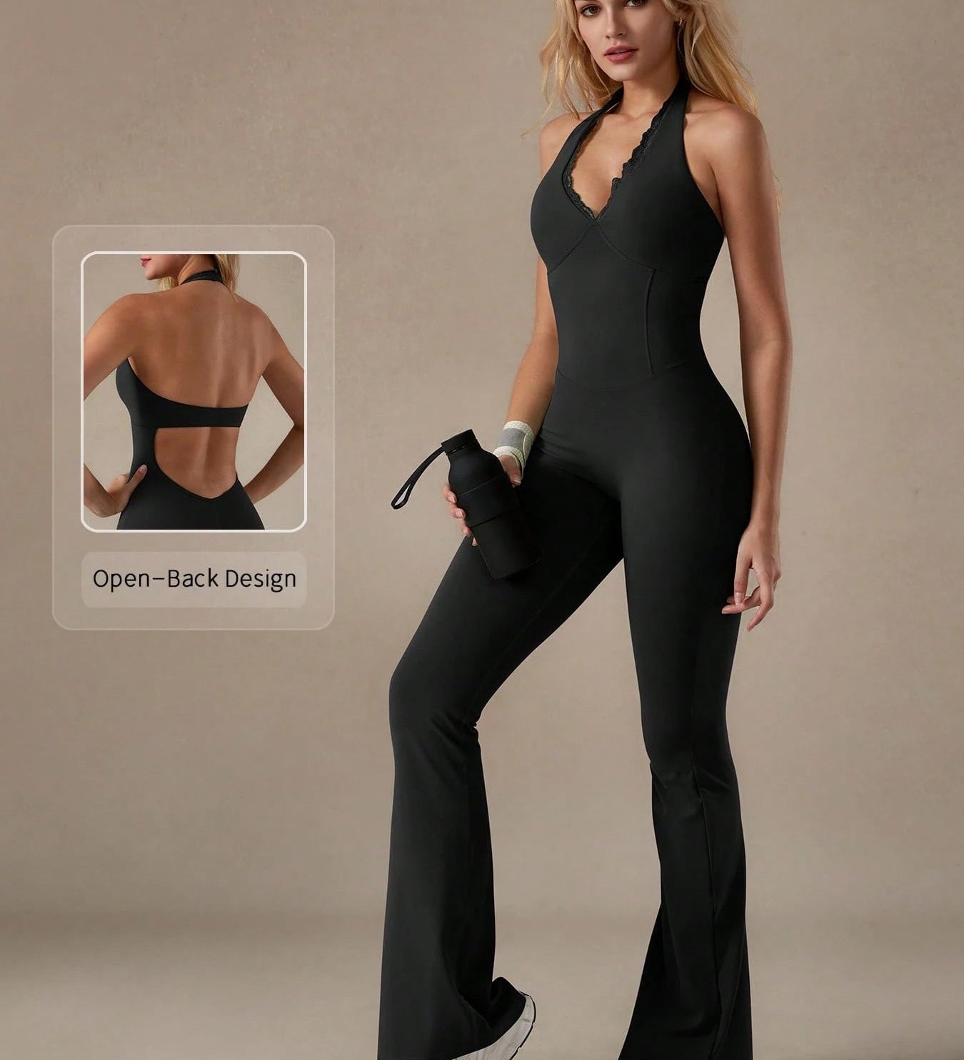 V-neck Lace-trimmed Halter Neck Yoga Sports Fitted Jumpsuit