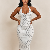 Polka Dot Corset Halter Midi Dress with Lace-Up Back