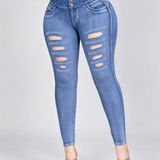 High Waist Double Button Rhinestone Ripped Butt Lifting Skinny Jeans