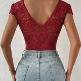 Sexy Deep V Neck Lace Short Sleeve Bodysuit One Piece Slim Fit Body Shaper
