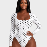 Polka Dot Square Neck Long Sleeve Bodysuit Detachable Corset Two Piece Set