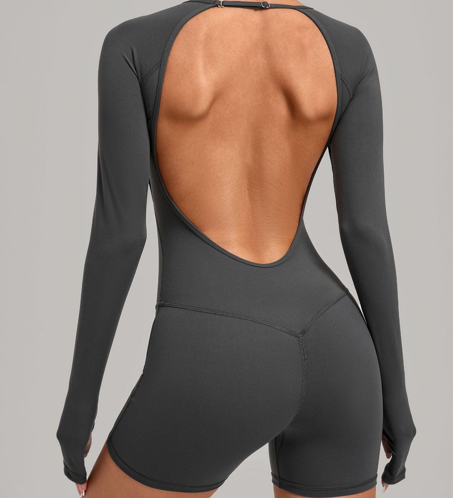 Round Neck Long Sleeve Open Back Tight Fit Workout Romper
