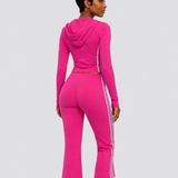 Two Piece Activewear Set Stripe Zip Up Hooded Crop Top with Capri Flare Pants