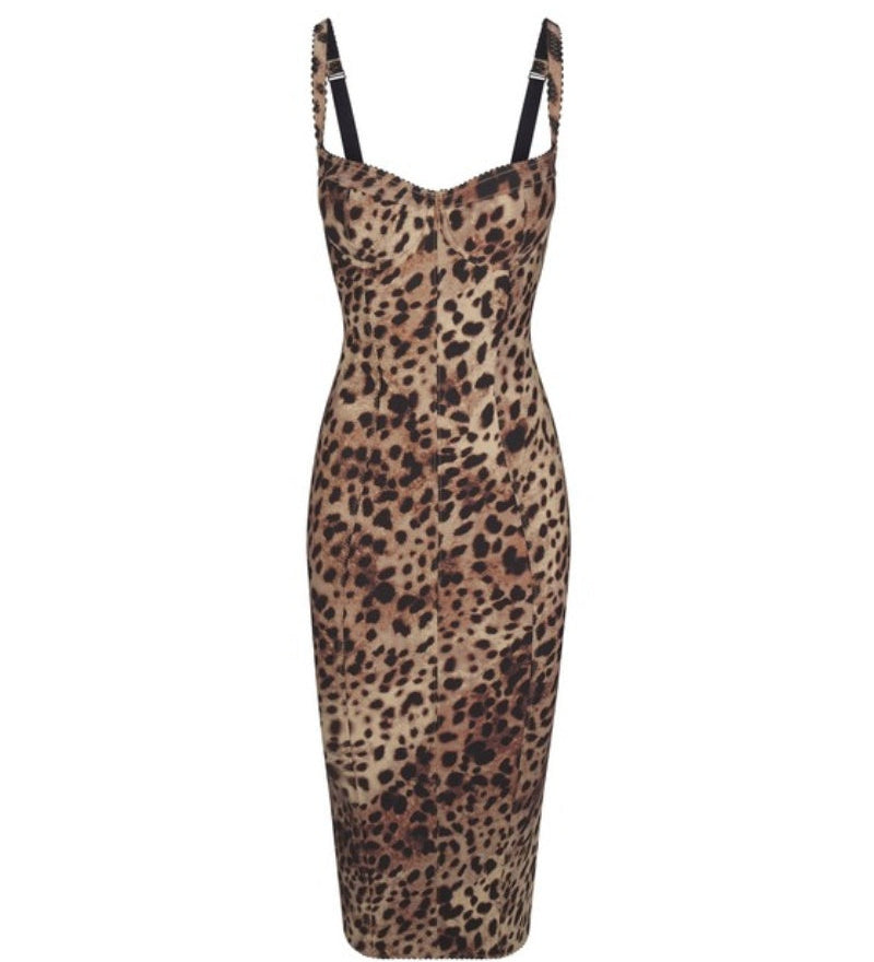 Women's Leopard Mesh-lined Underwire Cup Stretch Bodycon Midi Dress