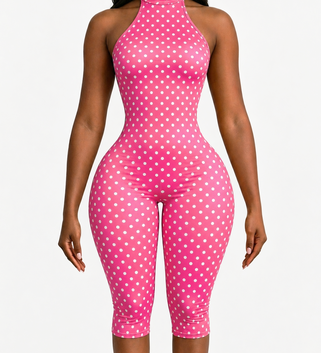 Polka Dot Halter Neck Backless Slim-Fit Stretch Capri Jumpsuit