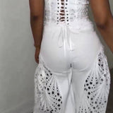 Elegant Strapless Floral Eyelet Cutout Top & Wide Leg Pants Set