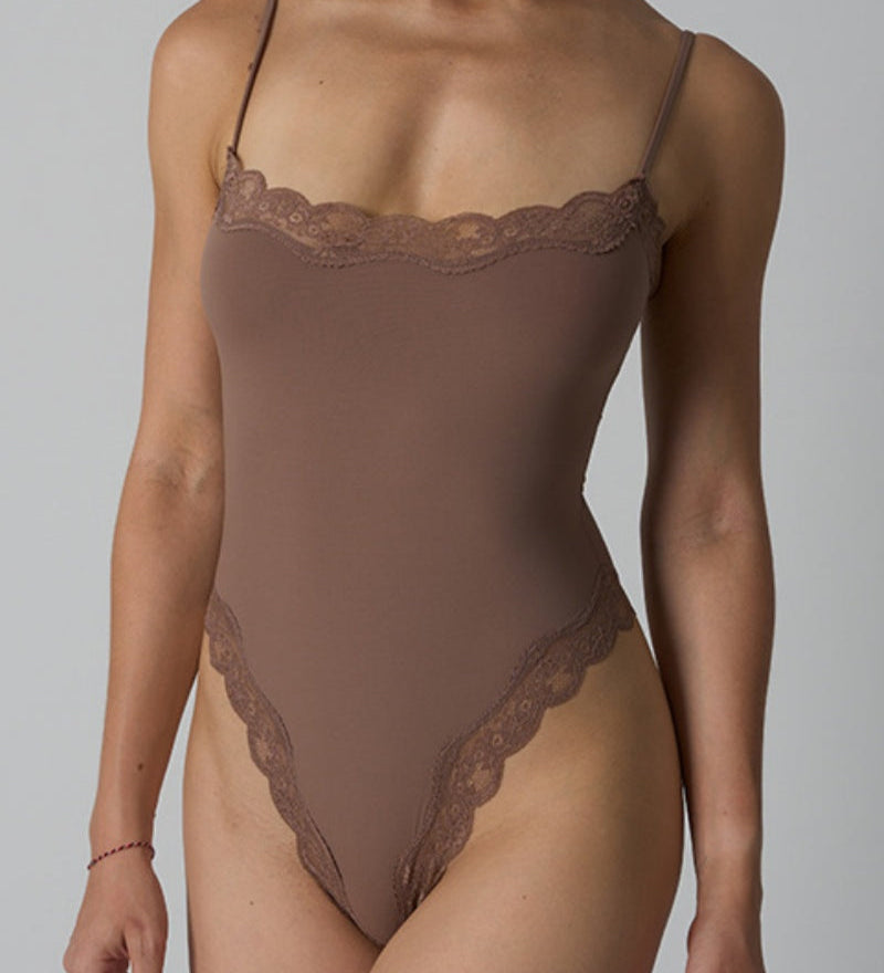 Spaghetti Strap Triangle Shapewear Bodysuit with Lace Trim
