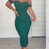 Off Shoulder Ruched Tummy Tuck Bodycon Midi Dress with Fishbone