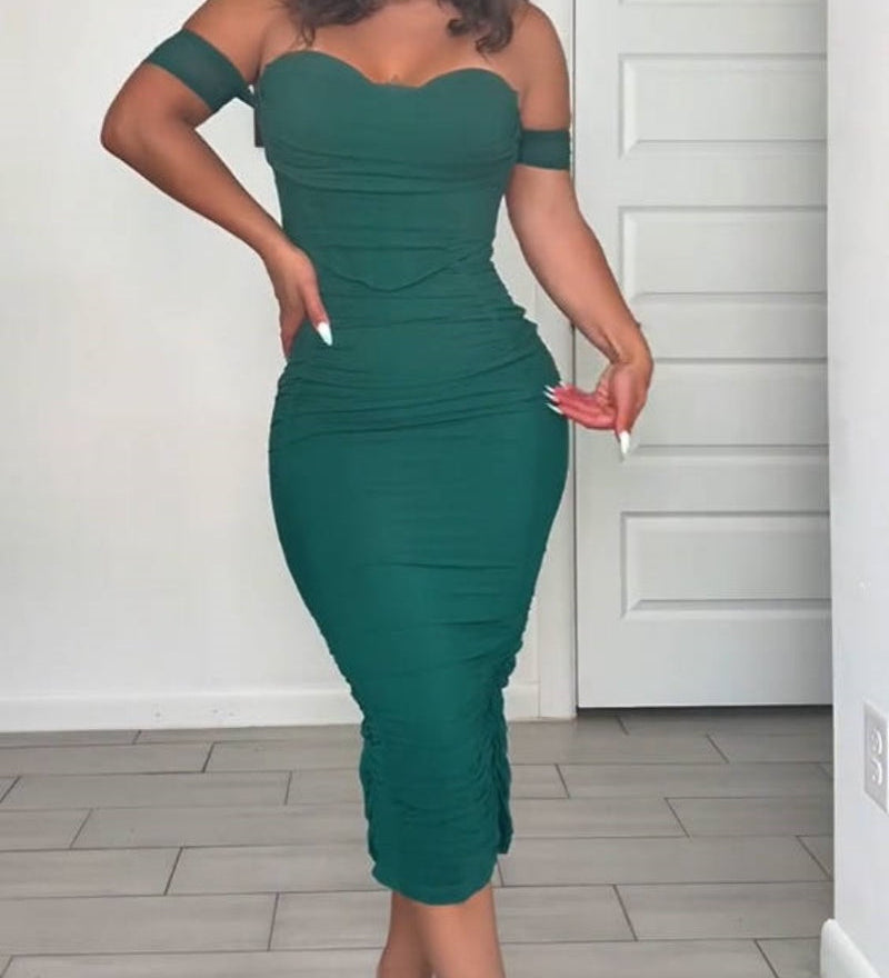 Off Shoulder Ruched Tummy Tuck Bodycon Midi Dress with Fishbone