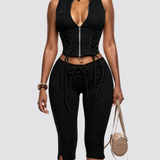 Two Piece Denim Set Zip Front Lace Up Sleeveless Top Capri Pants