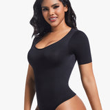 Seamless Short Sleeve Thong Bodysuit Tummy Control Round Neck Body Shaper