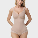 Lace V Neck  Adjustable Strap Tummy Control Butt Lifting Zipper Bodysuit
