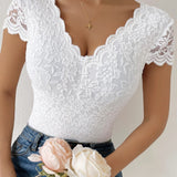 Sexy Deep V Neck Lace Short Sleeve Bodysuit One Piece Slim Fit Body Shaper