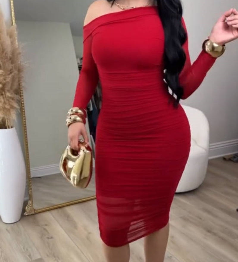 Elegant Slant Collar Long Sleeve Mesh Bodycon Midi Dress