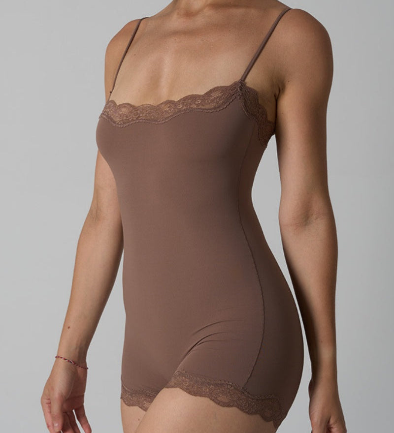 Lace Trim Sculpting shapewear Bodysuit with Adjustable Spaghetti Straps