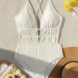 Sexy Backless Deep V Tummy Control Swimsuit Back Lace Up