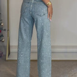 Women's Fashion Rhinestone Embellished Straight Leg Denim Jeans