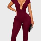 Short Sleeve Plunge Neck Bodycon Capri Jumpsuit with Back Zipper