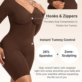 Front Zipper Long Sleeve Mid Thigh Full Body Shapewear Bodysuit