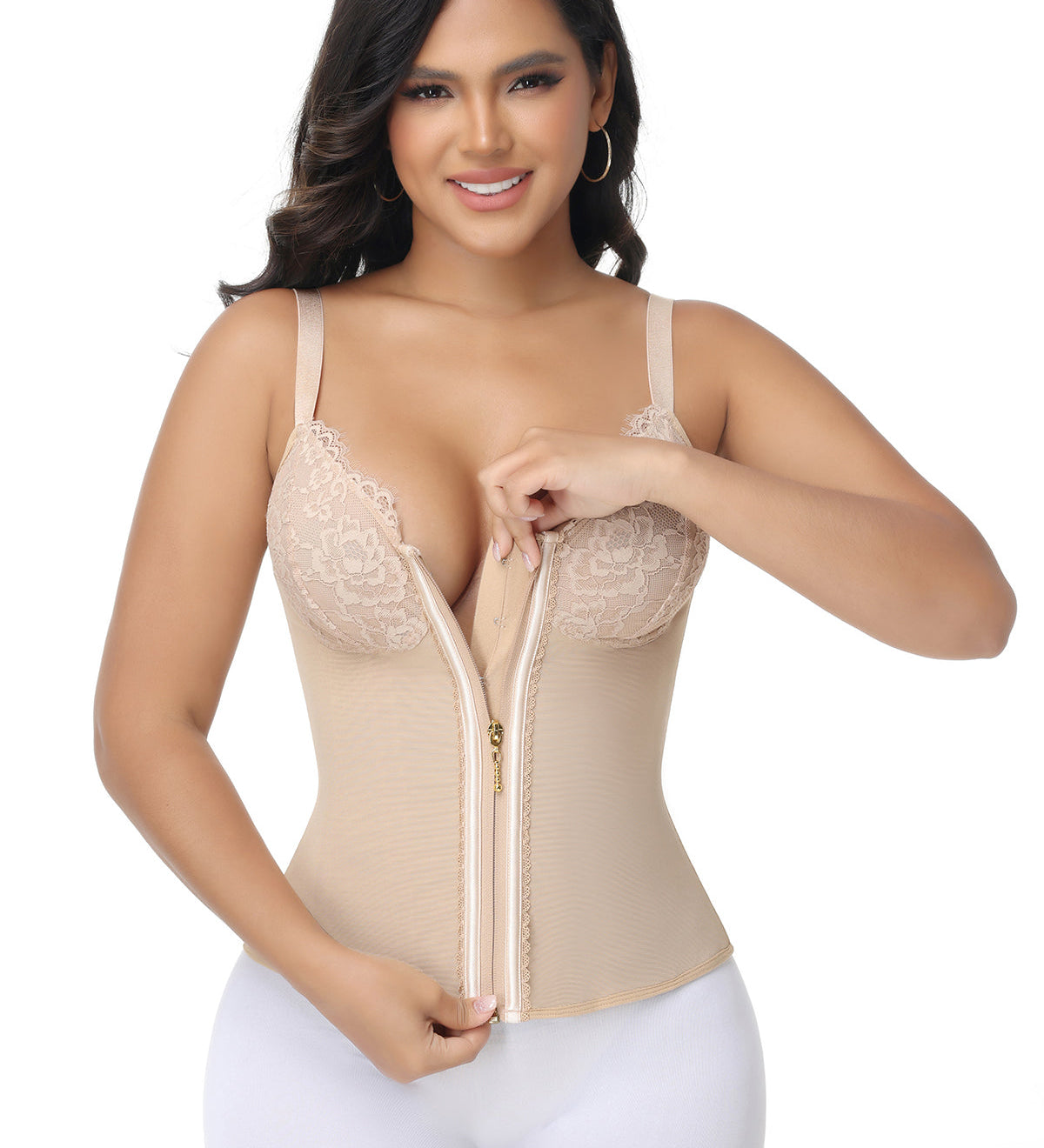 Sorelyne® Deep V Lace Corset Top Trimmed Waist Trainer with Front Zipper