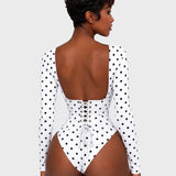 Hourglass Long Sleeve Polka Dot Thong Bodysuit with Waist Trainer 2 Piece Set