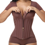 V Neck Front Zipper Short Sleeve Segmented Bone Waist Trainer Compression Shaping Top
