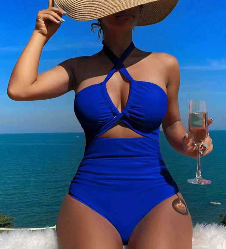 Cross Halter Ruched Front Cutout Backless One Piece Swimsuit