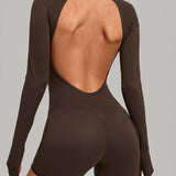 Round Neck Long Sleeve Open Back Tight Fit Workout Romper