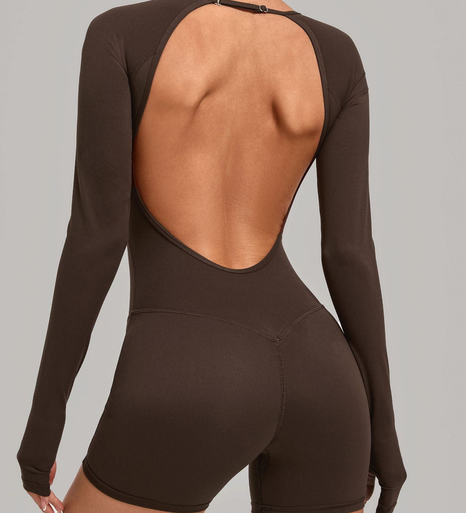 Round Neck Long Sleeve Open Back Tight Fit Workout Romper