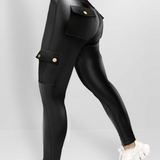 Women's Leather Pants High Waist Cargo Pockets Stretch Leather Leggings