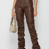 PU Leather Personalized Pleated Flared Pants
