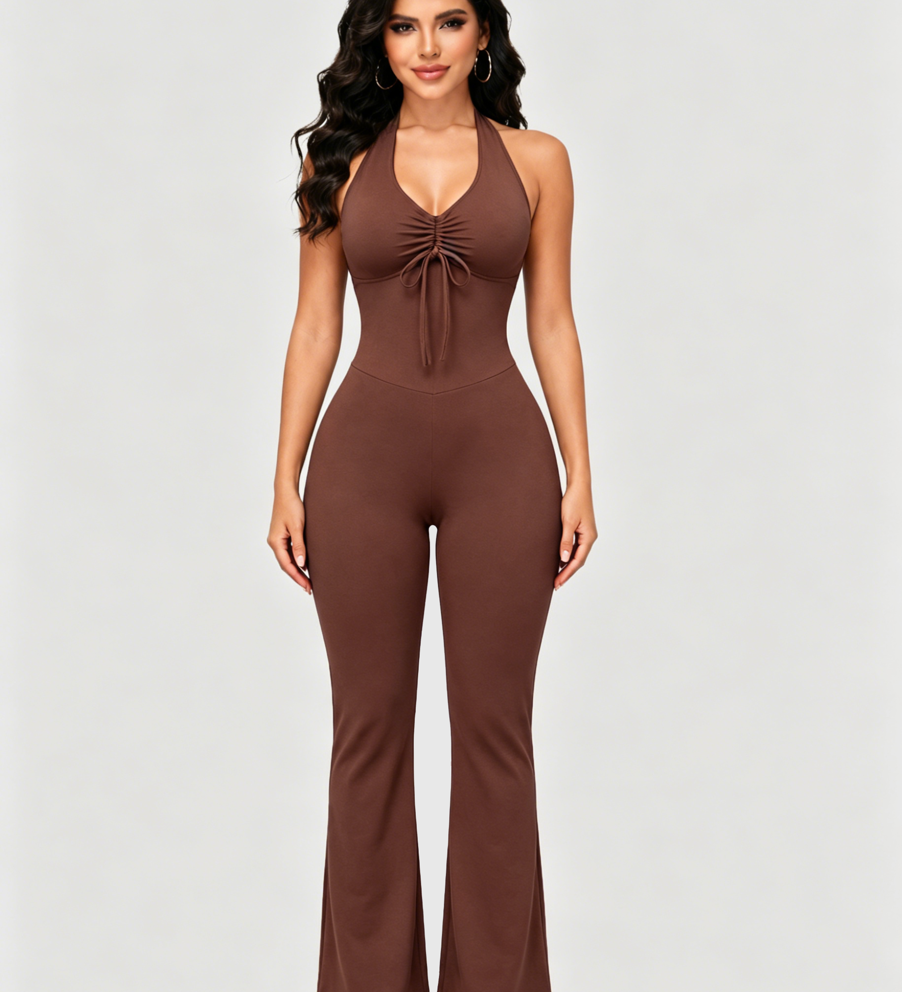 Front Drawstring Halter Mesh Back Flare Leg Jumpsuit