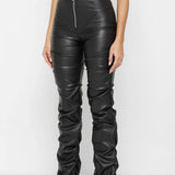 PU Leather Personalized Pleated Flared Pants