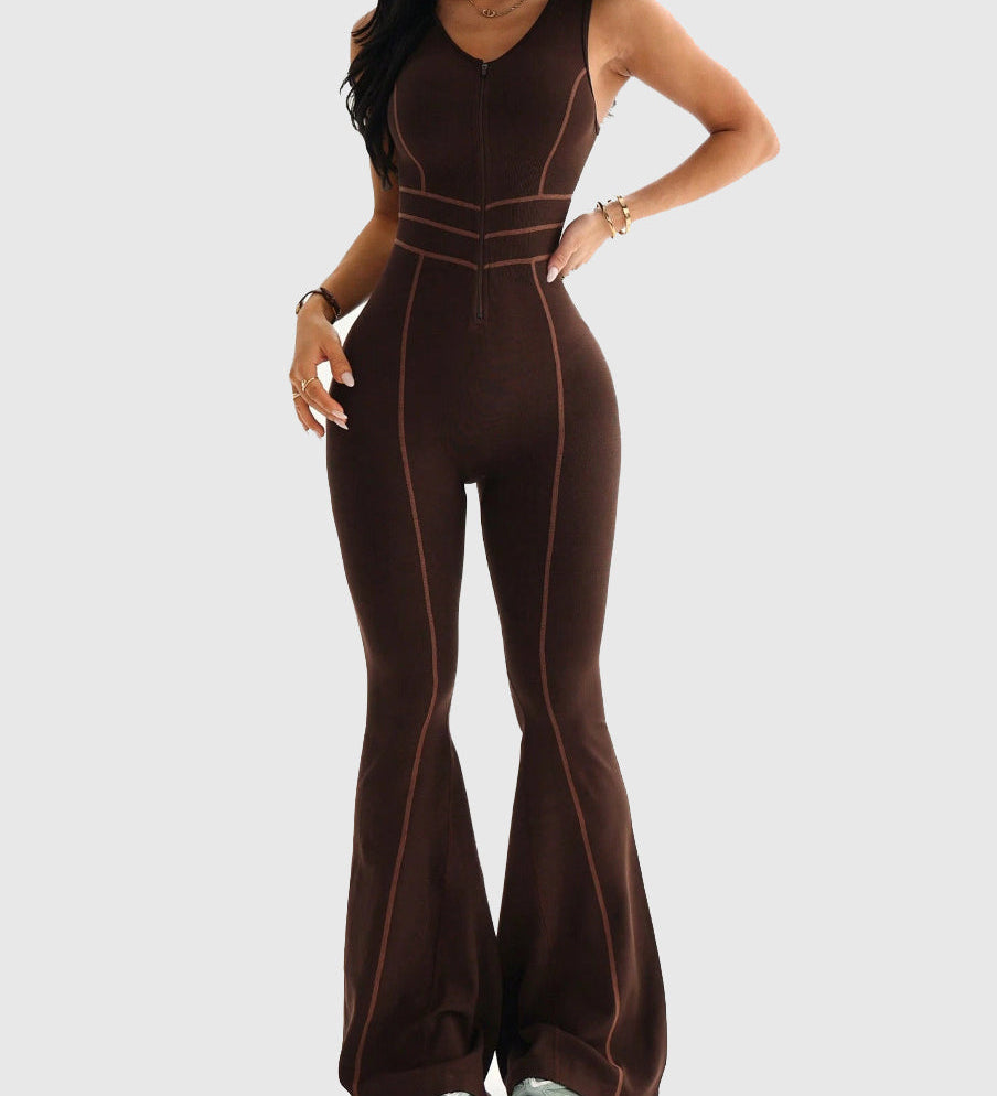Front Zipper  Cutout Back Sleeveless Flare Leg Slim-fit Jumpsuit
