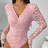 Floral Lace Sheer Long Sleeve Bodysuit V Neck Slim Fit Thong Body Shaper