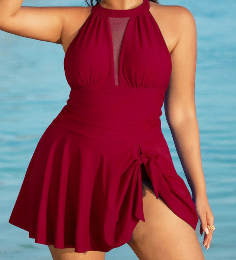 Large Size Halter Neck Mesh Panel Tummy Control Swimsuit with Side Bow