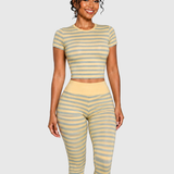 Striped Crew Neck Short Sleeve Crop Top Capri Leggings Two Piece Set