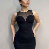 Mesh Hotfix rhinestone Sleeveless Pleat Bodycon Mini Dress