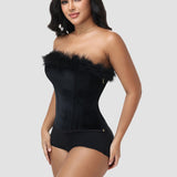 Black Velvet Feather Trim Strapless Corset Top with Lace Up Back