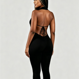 V Neck Halter Open Back Tie Capri Jumpsuit