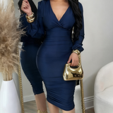 Deep V Neck Long Sleeves Ruched Bodycon Midi Dress